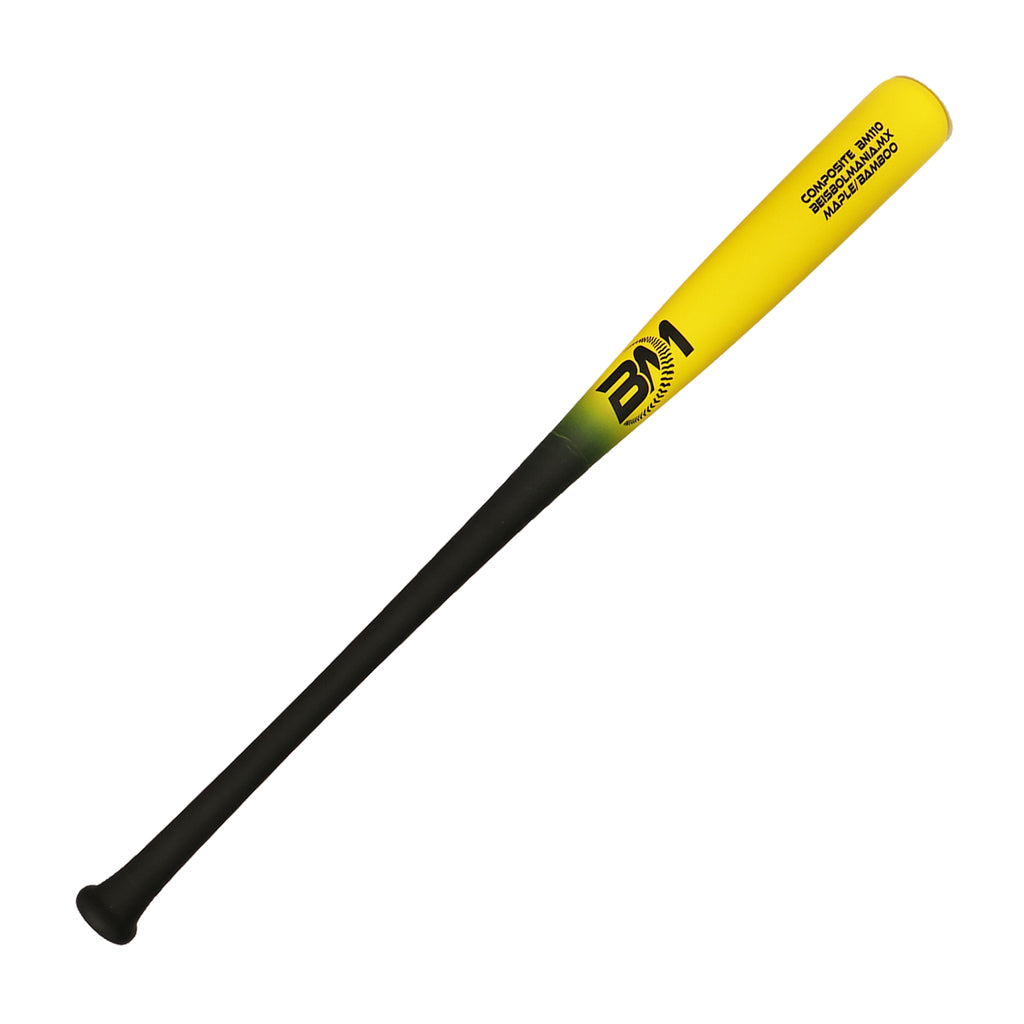 Bat Beisbol Reforzado Con Fibra de Vidrio Beisbolmania Compuesto Maple Bamboo BM110 Negro Amarillo JUVENIL