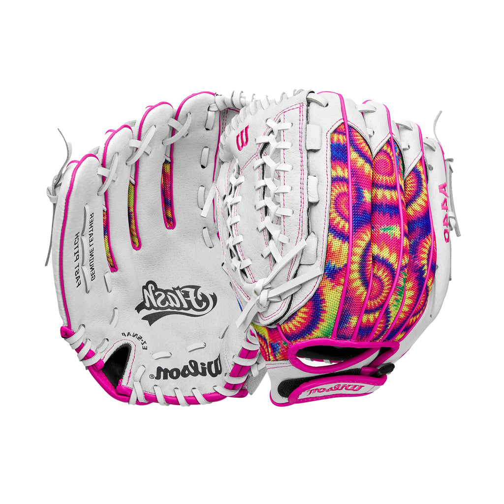 Guante Softbol Wilson A440 Flash Blanco TieDye Rosa 12 in ZURDO