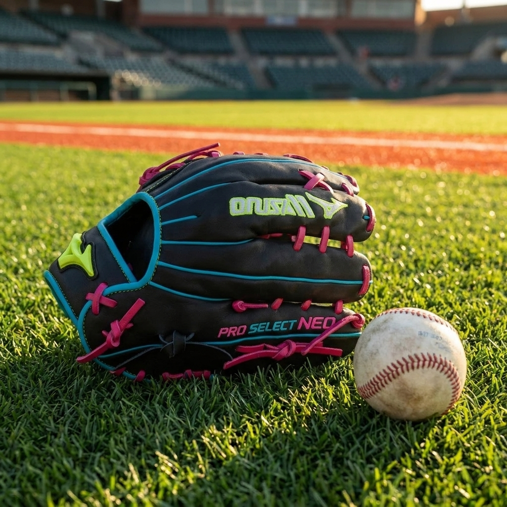 Guante Beisbol Mizuno Pro Select Neo GPSN-70-LHT 12.5 in Negro Rosa Lanzador Zurdo - foto de estudio