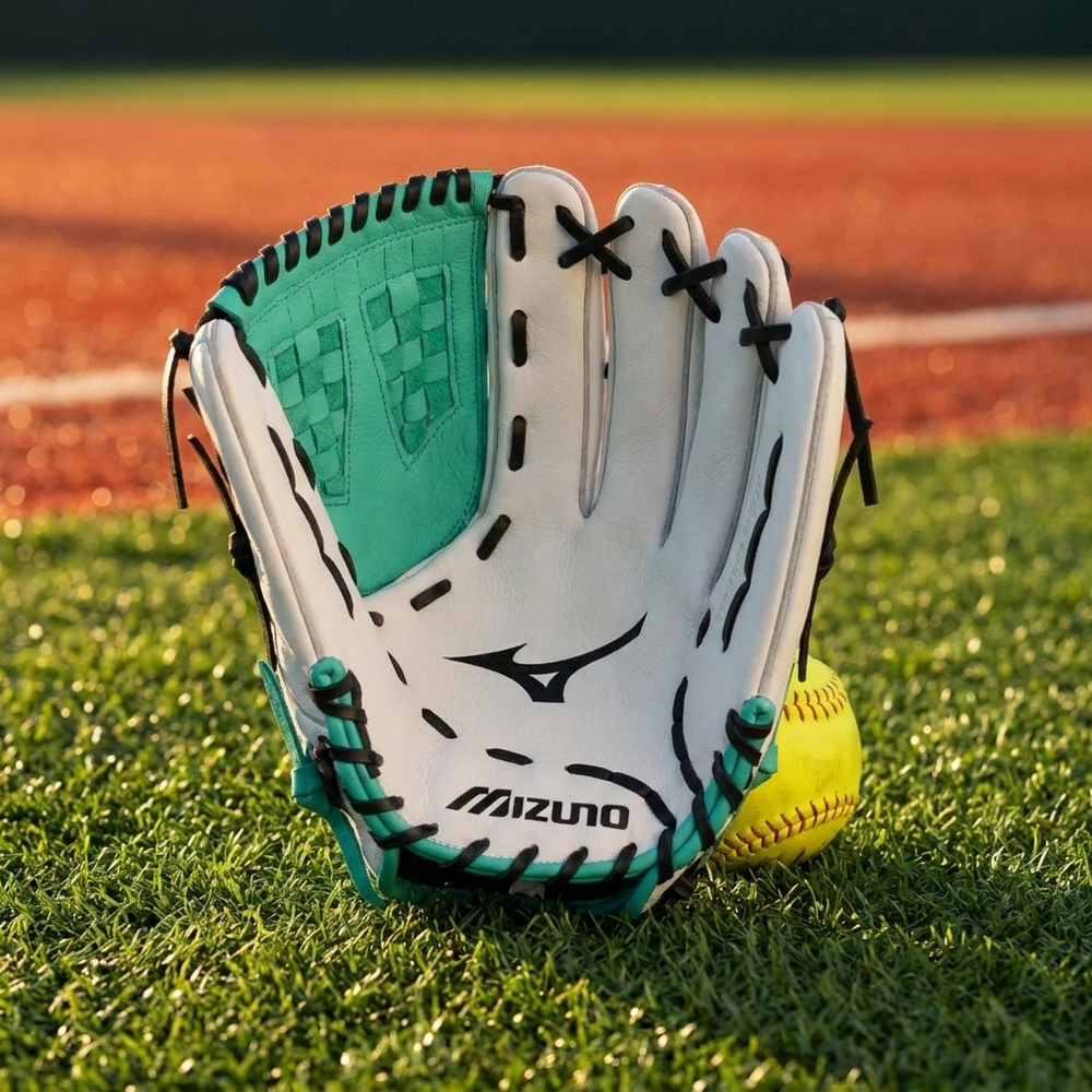 Guante Softbol Mizuno Franchise GFN1251F5 12.5 in Blanco Verde Jade ADULTO Lanzador Zurdo - foto de estudio