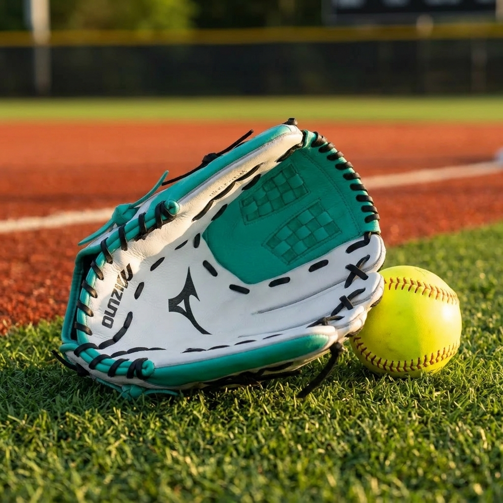 Guante Softbol Mizuno Franchise GFN1301F5 13 in Blanco Verde Jade ADULTO Lanzador Zurdo - foto de estudio