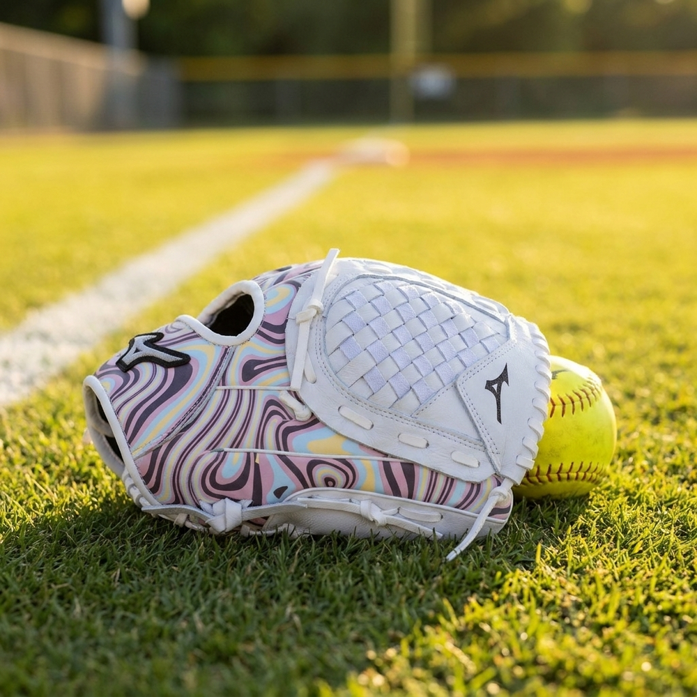 Guante Softbol Mizuno Prospect Finch Print GPP1150F4P 11.5 in Lavender Swirl Infantil Zurdo - foto de estudio