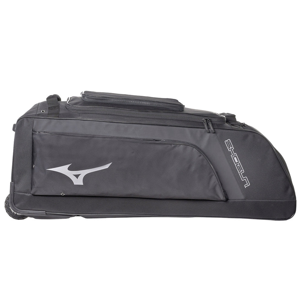 Maleta beisbol softbol Mizuno Shogun con ruedas negro, vista lateral acostada
