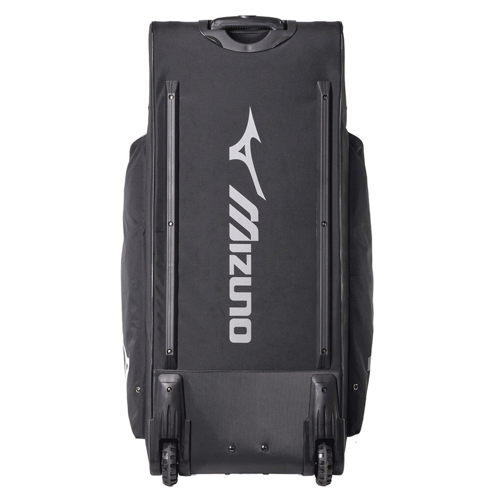 Maleta beisbol softbol Mizuno Shogun con ruedas negro, vista trasera con logo Runbird y ruedas