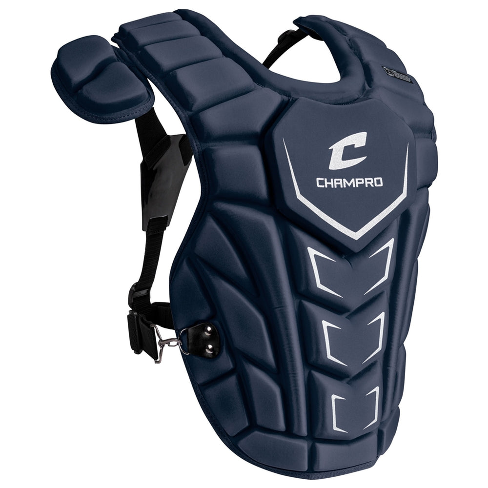 Peto catcher Champro Optimus MVP Plus 16.5 in marino vista lateral con arnes