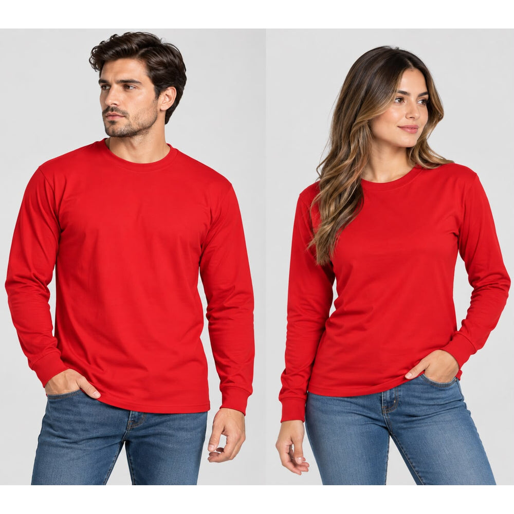 Playera manga larga roja puesta, hombre y mujer