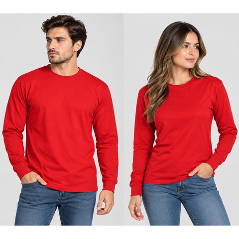 Playera manga larga roja puesta, hombre y mujer
